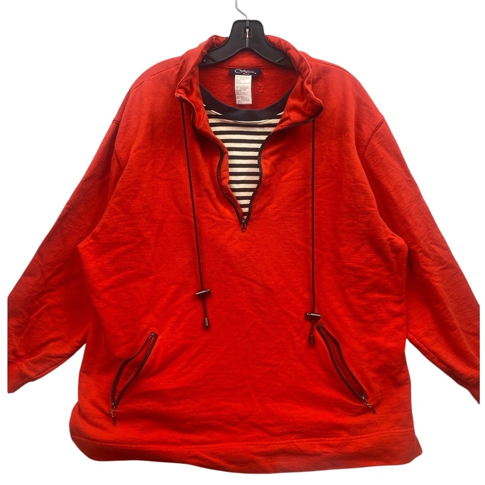 Vintage Catalina Sweatshirt Womens 2XL Mature Beachy Zip Striped Inset Pull Over
